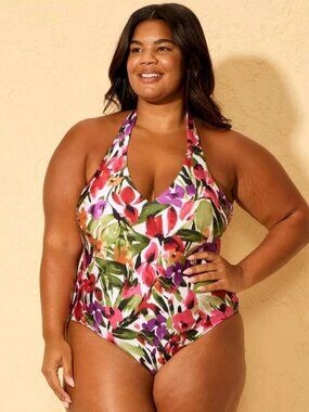 NEW Shade & Shore Floral Print High Shine Halter Plunge Medium Coverage Swimsuit